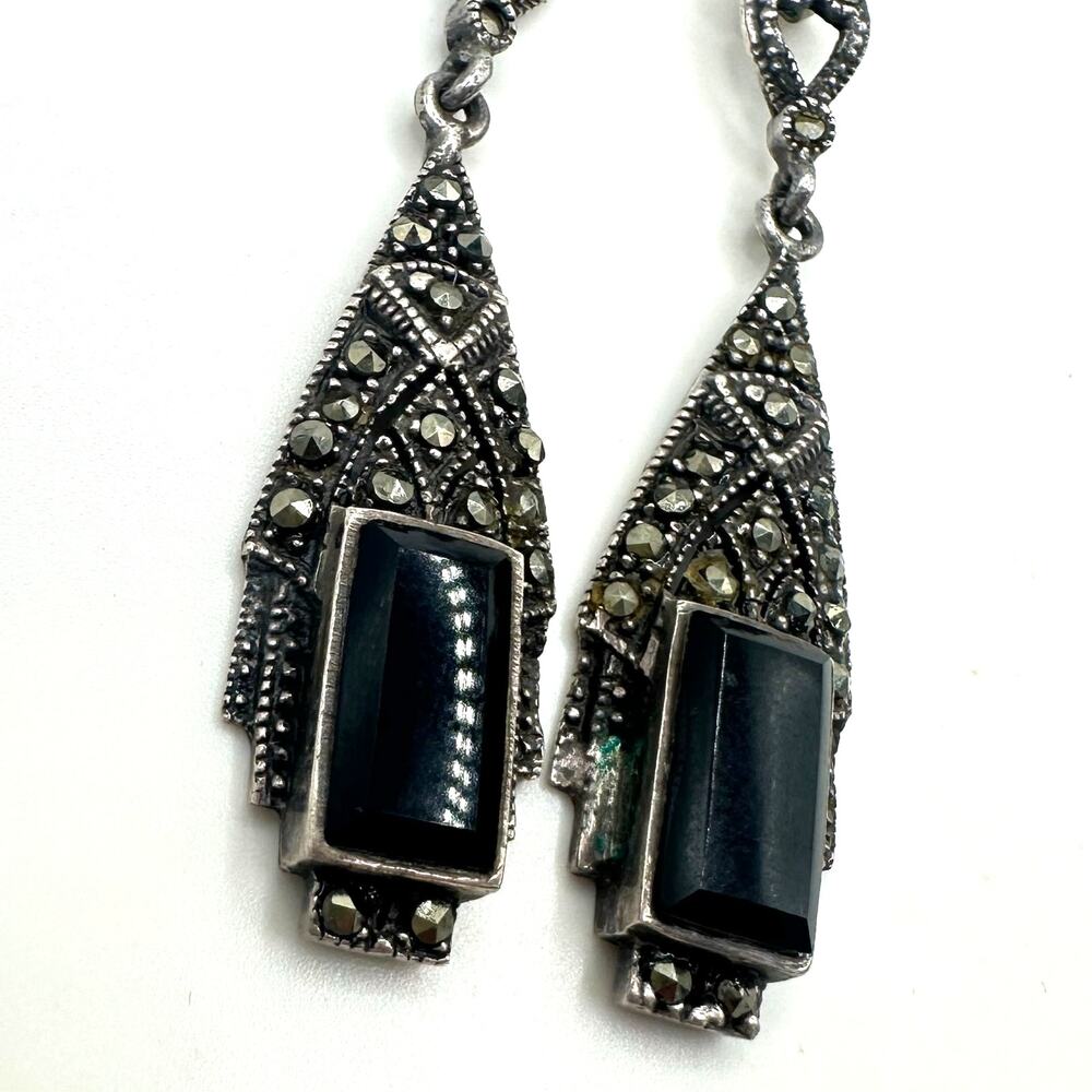 Art Deco Revival sterling silver genuine black onyx marcasite post drop earrings - Picture 4 of 10